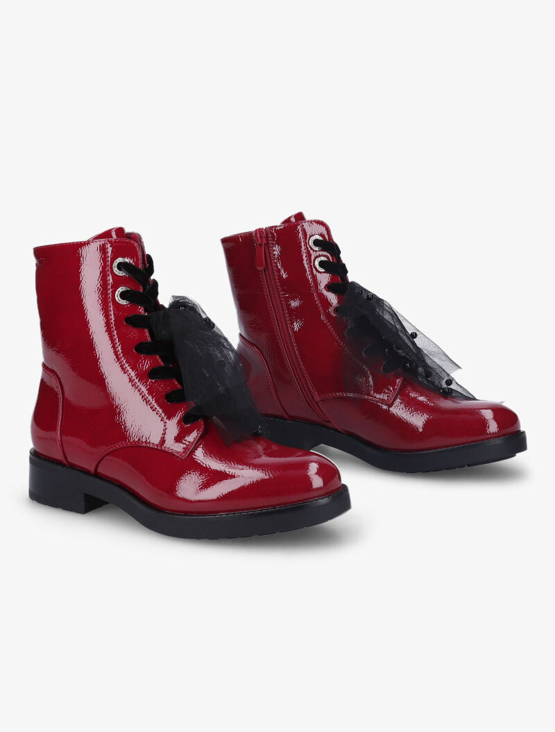 Bottines vernies à détail noeud en tulle - Rouge - 1