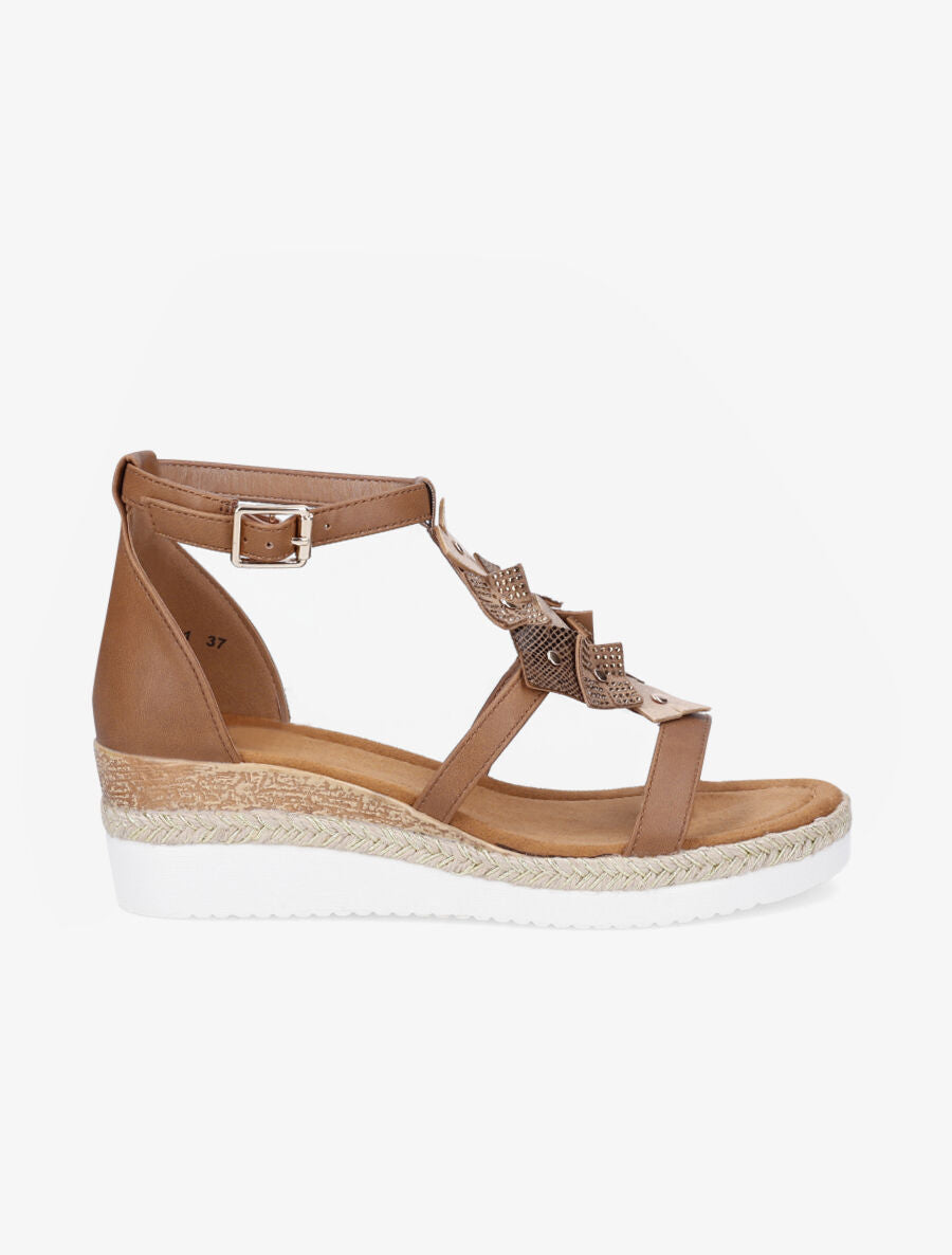 Sandales compensées mi-hautes à strass - Camel - 1