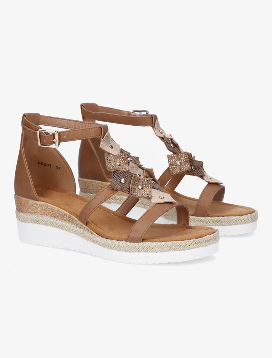 Sandales compensées mi-hautes à strass - Camel - 4