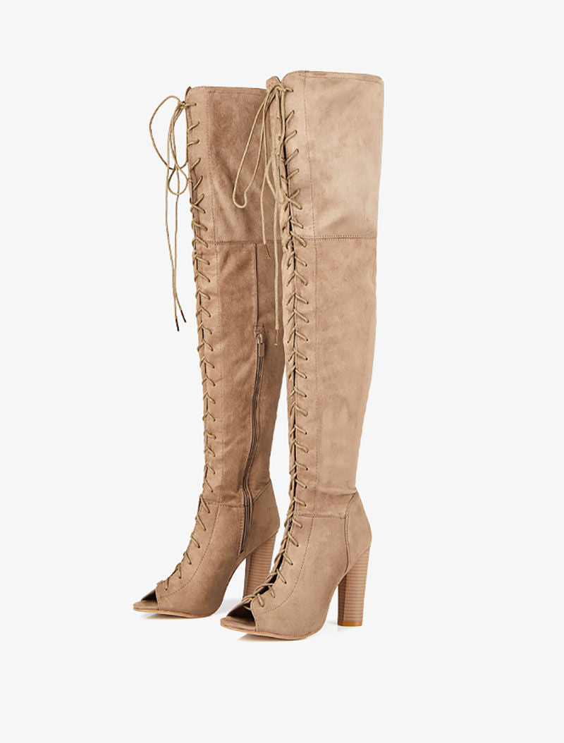 Cuissardes peep toes à lacets - Taupe - 5