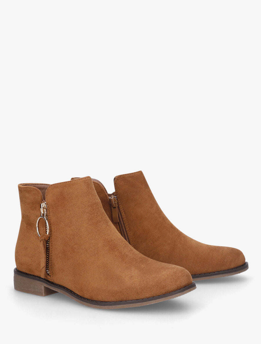 Bottines plates en suédine à double zips - Camel - 4