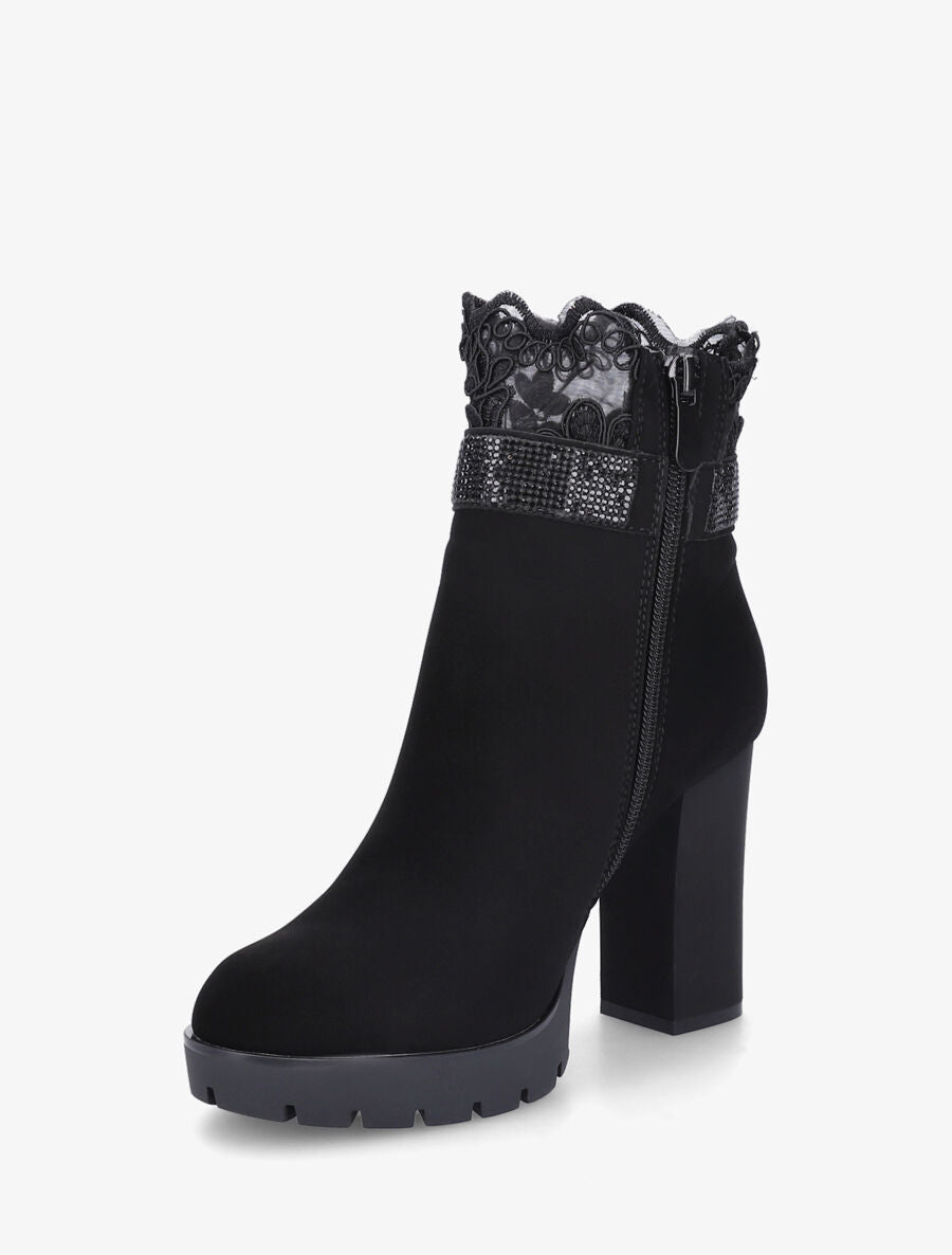 Bottines en suédine à détail strass et dentelle - Noir - 3