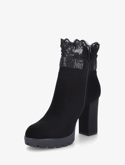 Bottines en suédine à détail strass et dentelle - Noir - 3