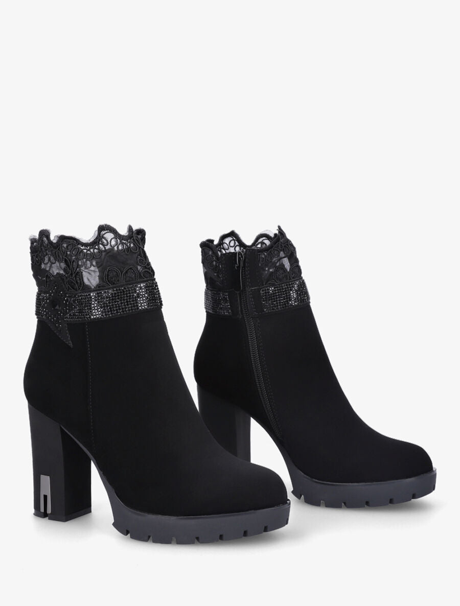 Bottines en suédine à détail strass et dentelle - Noir - 4