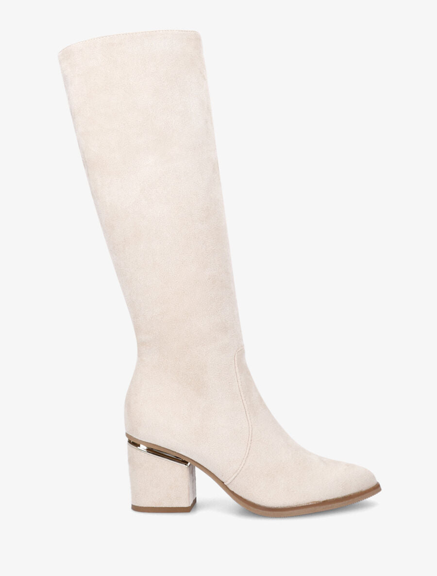 Bottes en suédine à talons stylisés - Crème - 1