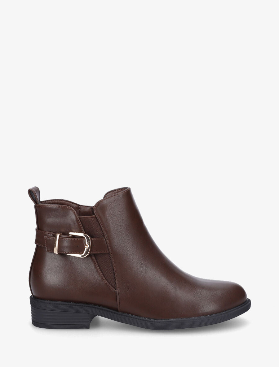 Bottines plates en simili et sanglées - Marron - 5
