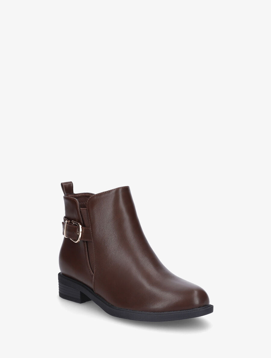 Bottines plates en simili et sanglées - Marron - 2