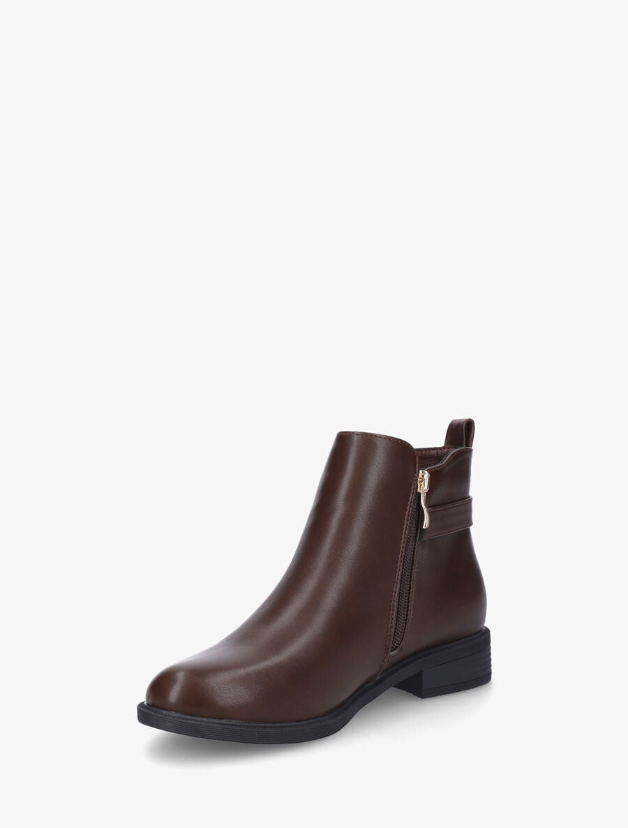 Bottines plates en simili et sanglées - Marron - 3