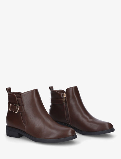 Bottines plates en simili et sanglées - Marron - 4