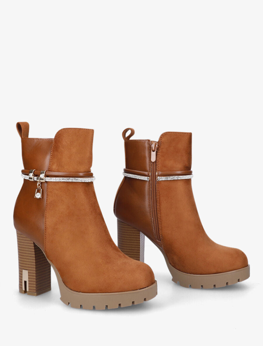 Bottines à talon haut et strass - Camel - 4