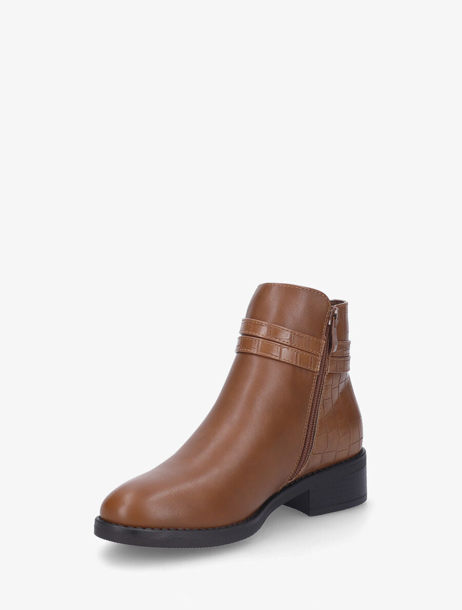Bottines plates croco à boucle fantaisie - Camel - 3