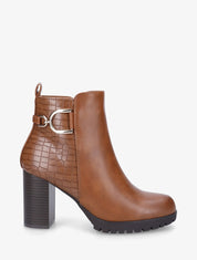 Bottines à talon effet croco - Camel - 5