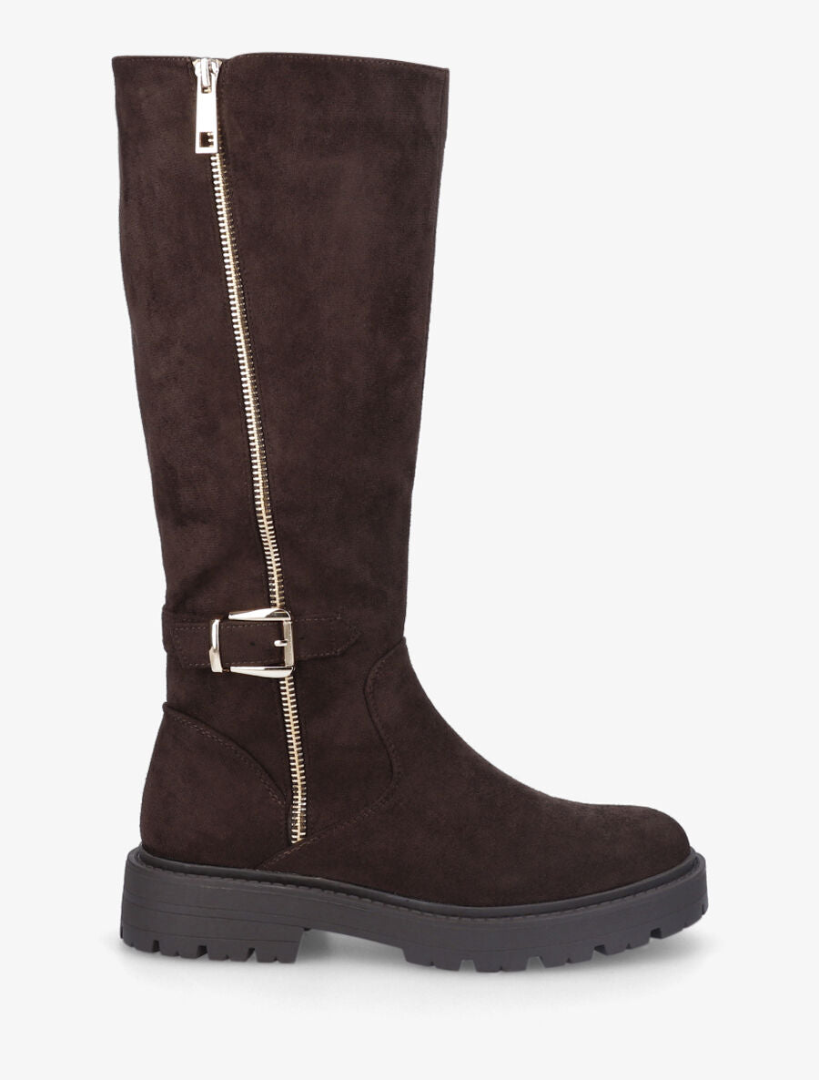 Bottes en suédine à zip et boucle - Marron - 1