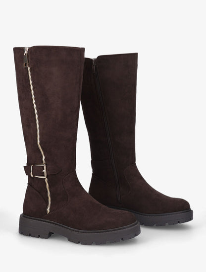 Bottes en suédine à zip et boucle - Marron - 4