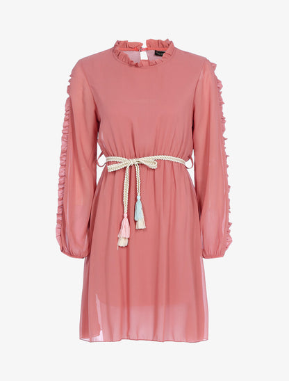 Robe en voile fin et manches volantées - Rose foncé - 1
