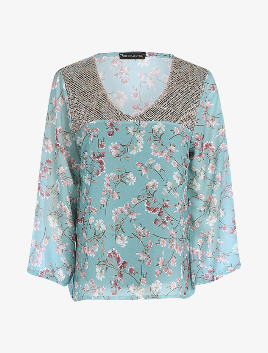Top à imprimé champêtre et sequins - Vert d&