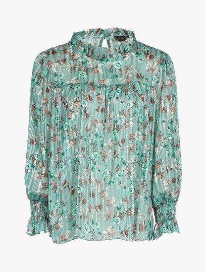 Blouse fleurie à encolure volantée - Vert - 1