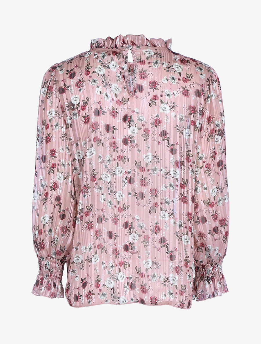 Blouse fleurie à encolure volantée - Rose - 2
