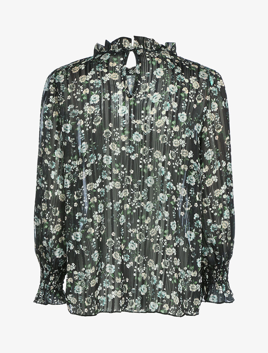 Blouse fleurie à encolure volantée - Noir - 2