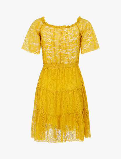 Robe en dentelle fleurie doublée - Jaune - 2