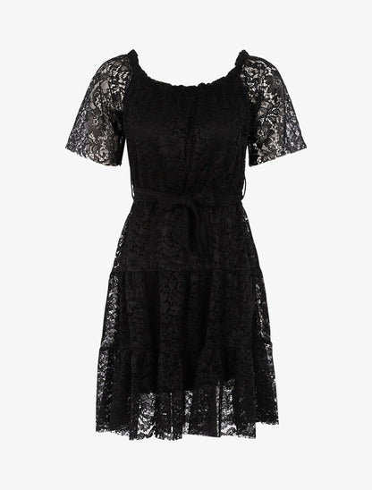 Robe en dentelle fleurie doublée - Noir - 1