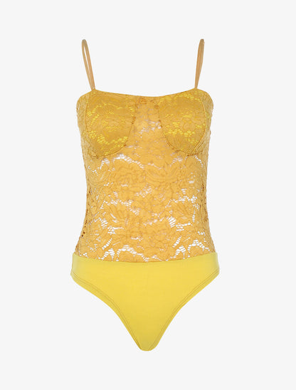 Body en dentelle festonnée - Jaune - 1