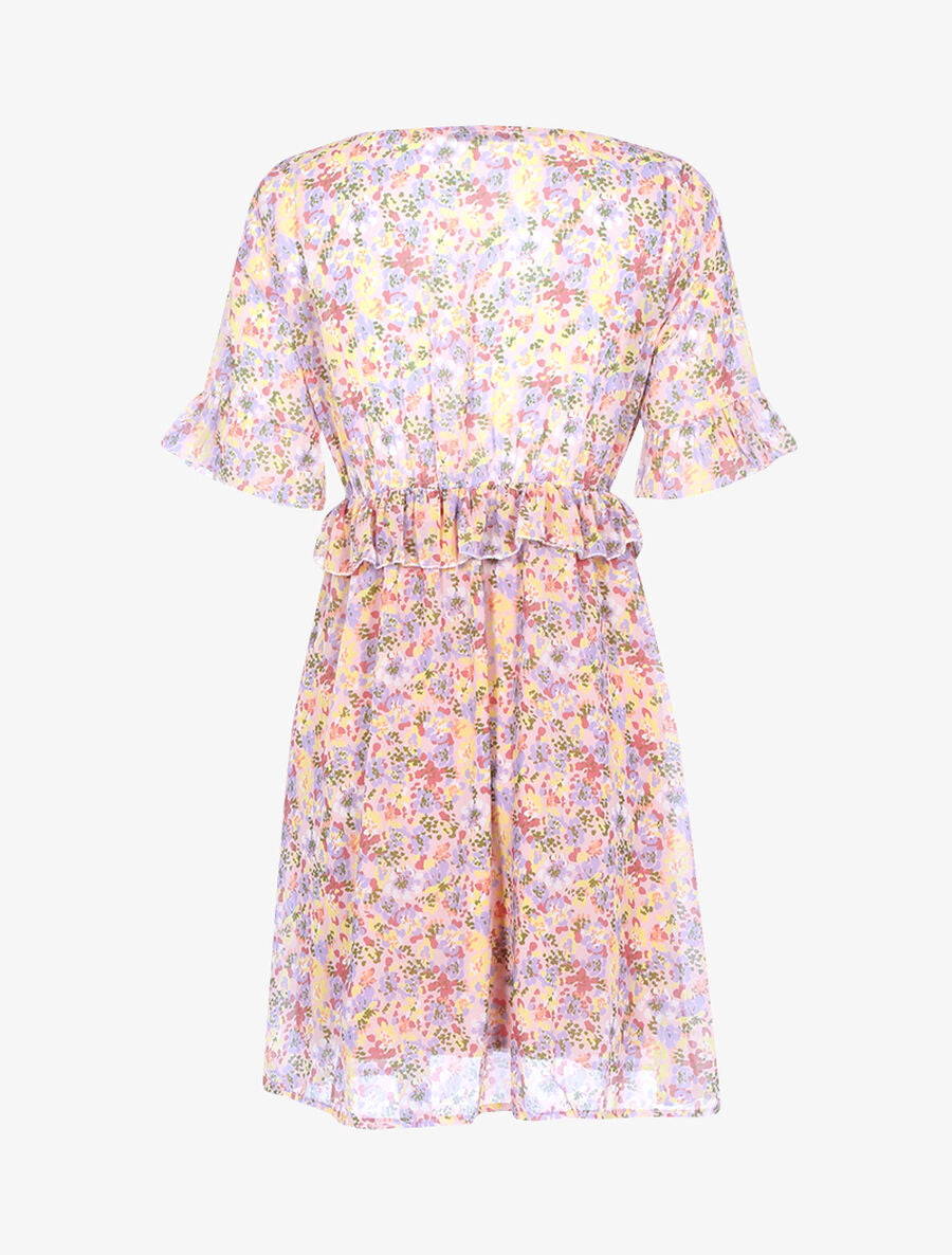 Robe fleurie à taille volantée - Rose - 2