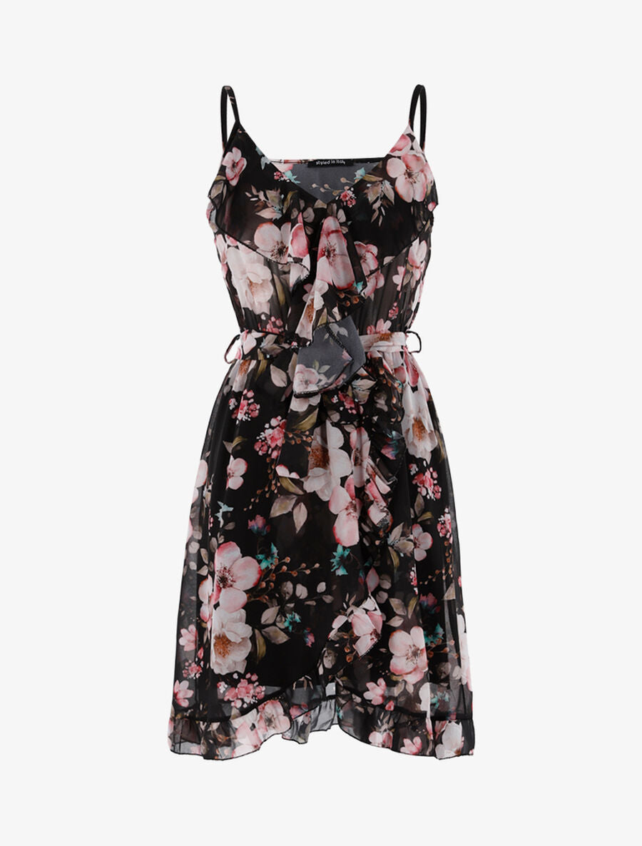 Robe portefeuille fleurie à jabot - Noir/rose - 2