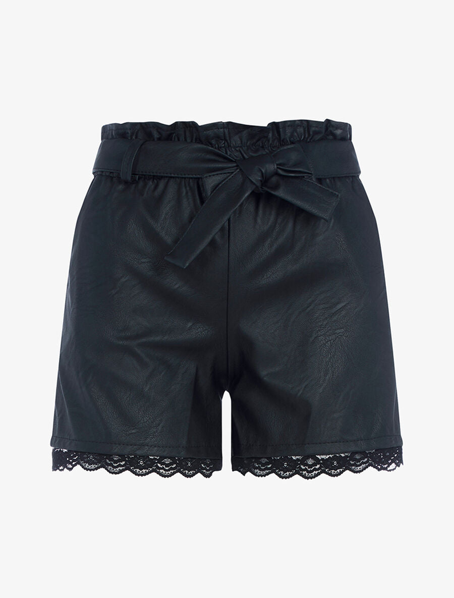 Short en simili à bord dentelle - Noir - 1
