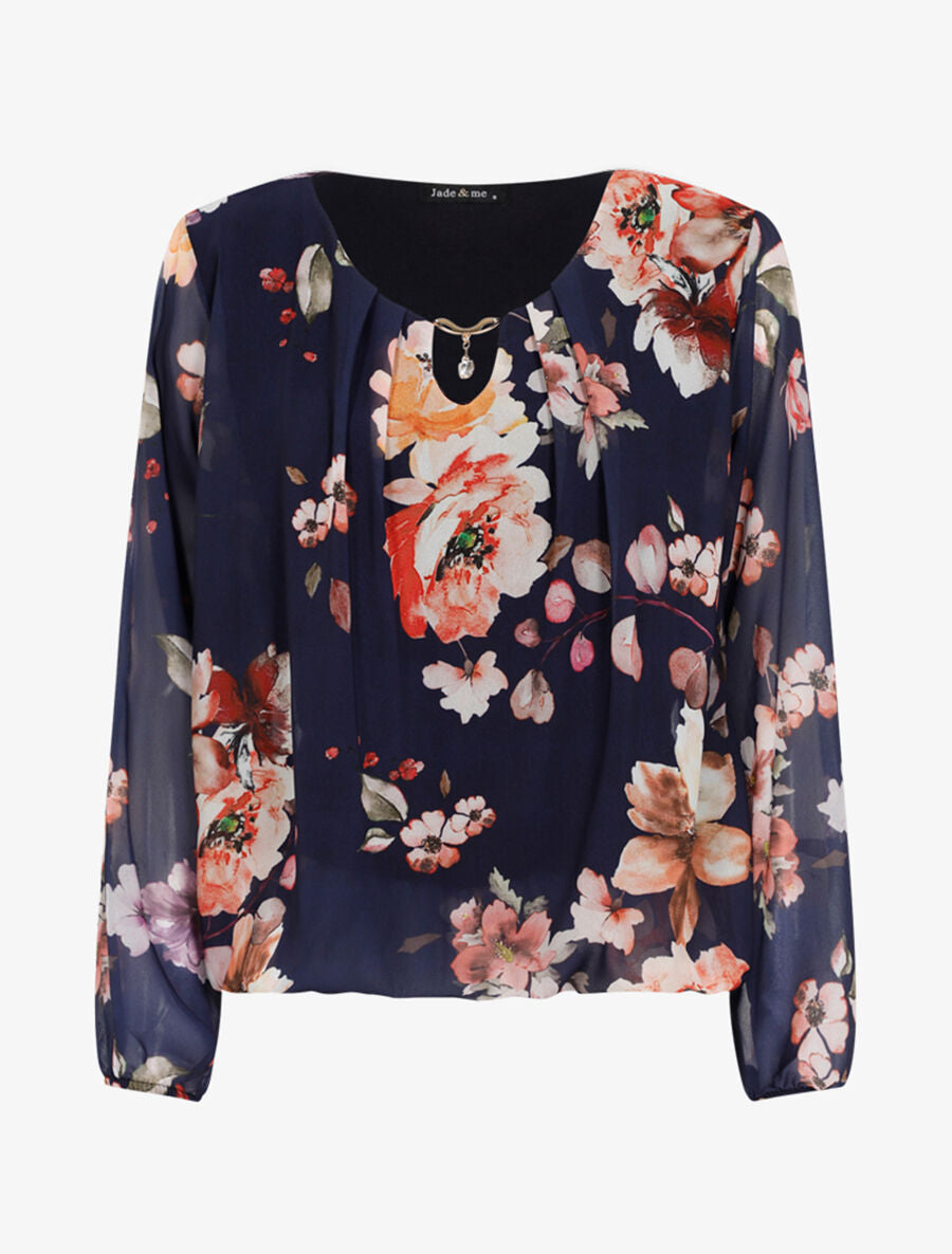 Blouse fleurie en voile col bijoux - Marine - 3