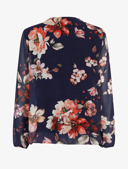 Blouse fleurie en voile col bijoux - Marine - 2