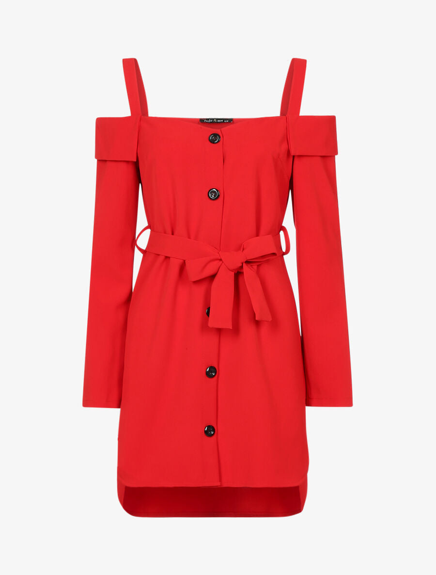 Robe asymétique à épaules nues à revers - Rouge - 1