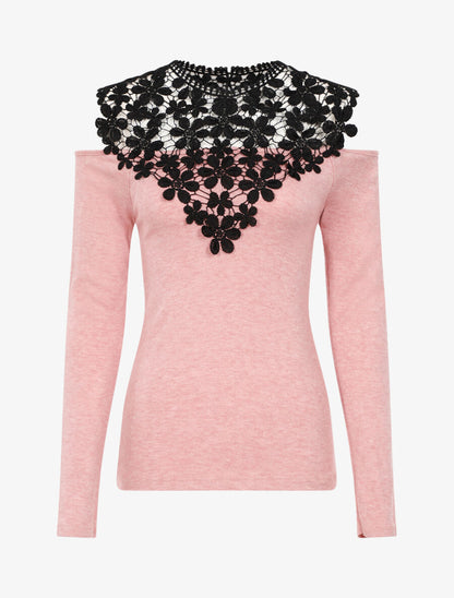 Pull à plastron dentelle et épaules dénudées - Rose - 1