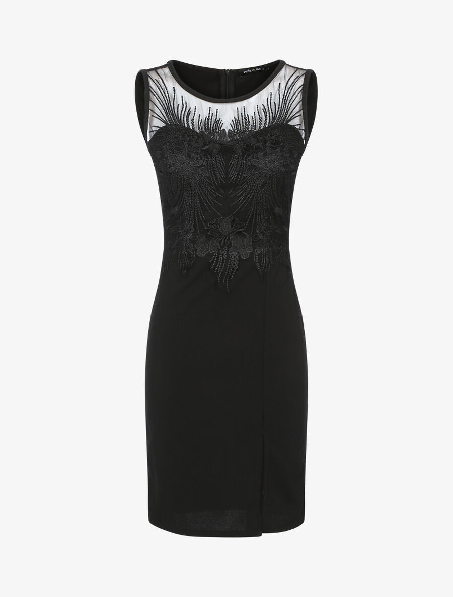 Robe fourreau à buste brodé - Noir - 1