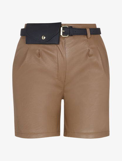Short en simili à taille haute - Camel - 1
