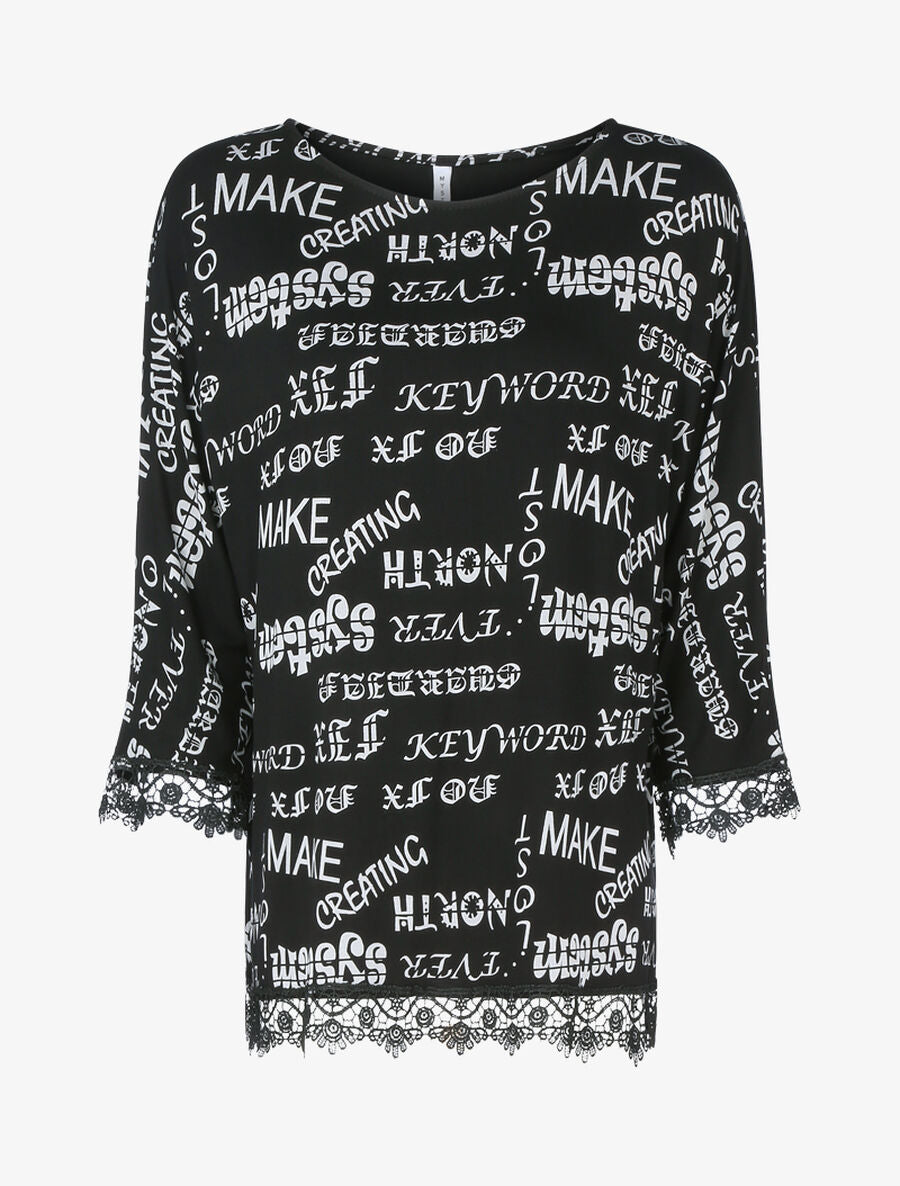 Top oversize à bords dentelle et imprimé texte - Noir - 1