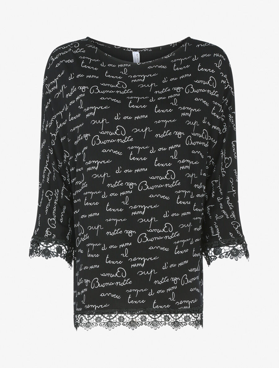 Top oversize à bords dentelle et imprimé graphique - Noir/blanc - 1