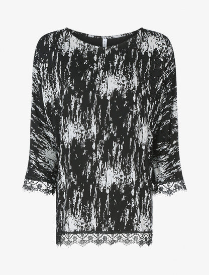 Top oversize à bords dentelle et imprimé graphique - Blanc/noir - 1