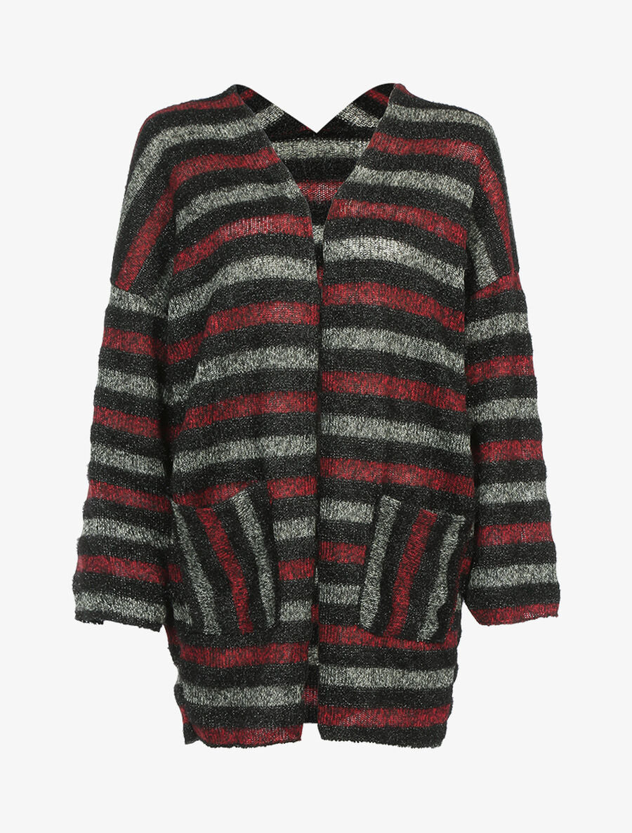 Cardigan à rayures colorées et bandes irisées - Bordeaux/noir - 1