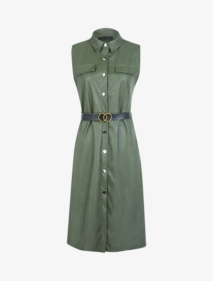 Robe mi longue en simili - Kaki - 1