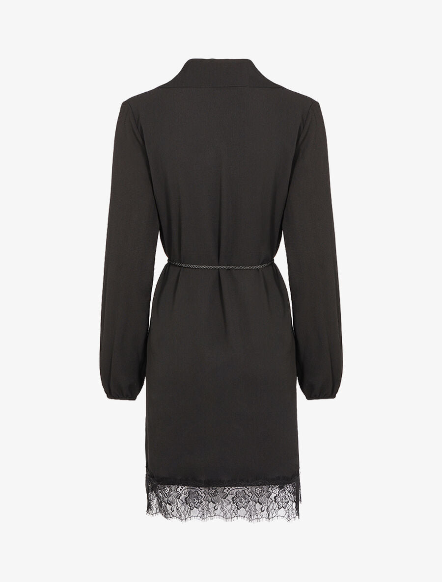 Robe effet crêpe à bord dentelle - Noir - 2