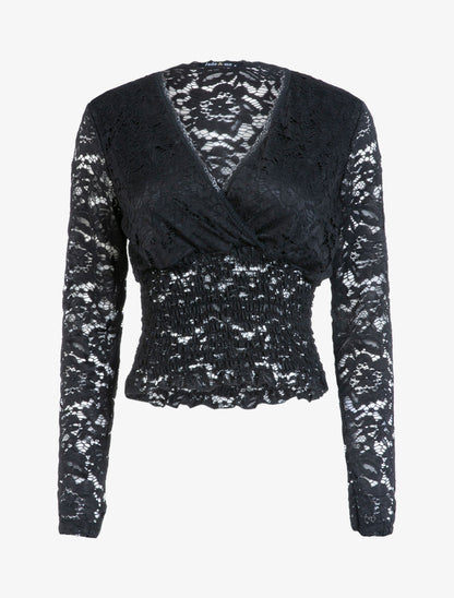 Crop top en dentelle festonnée - Noir - 1