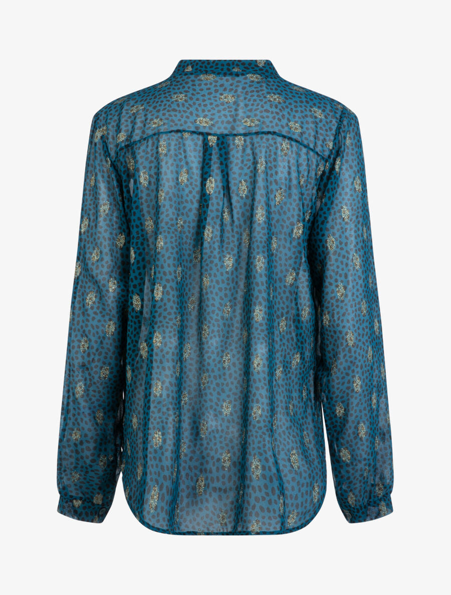 Blouse en voile à imprimé tacheté et feuilles - Bleu pétrole - 2