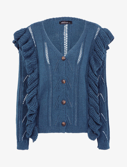 Gilet boutonné à bandes volantées - Bleu pétrole - 1