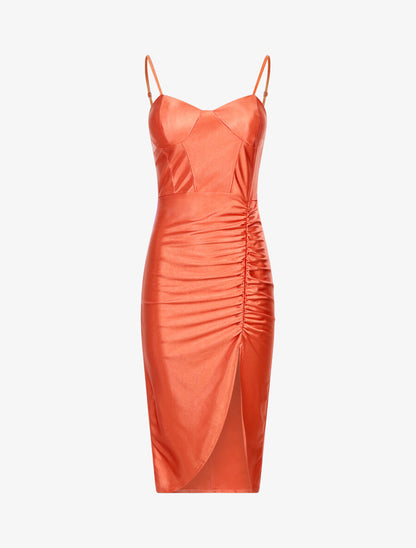 Robe satinée échancrée à plis - Orange - 1
