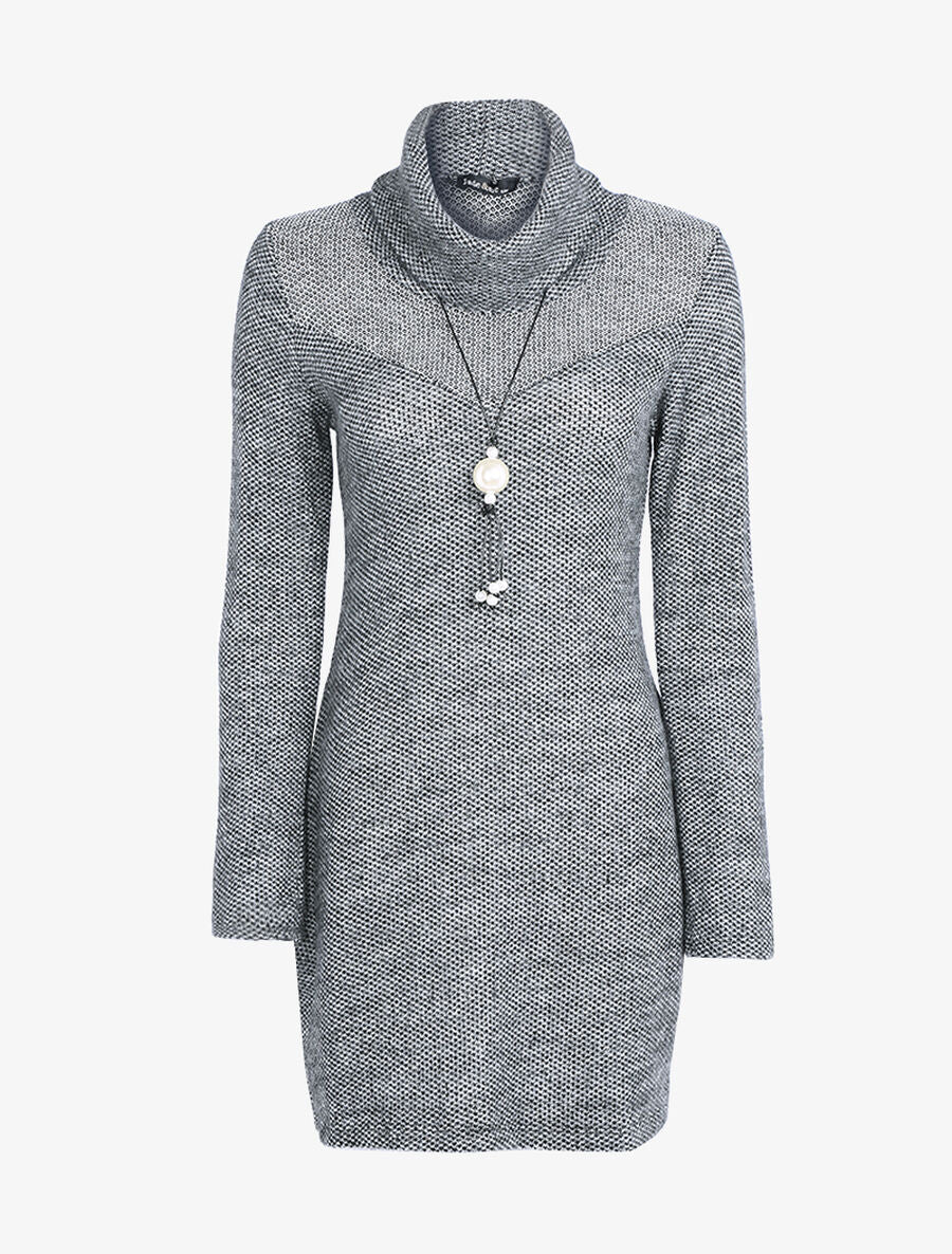 Robe en maille texturée et sautoir - Gris foncé - 1
