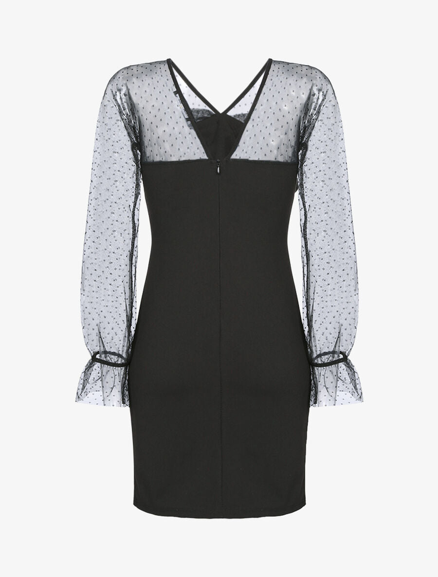 Robe à empiècement en tulle à pois - Noir - 2