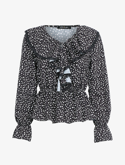 Blouse à jabot imprimé à pois - Noir - 1
