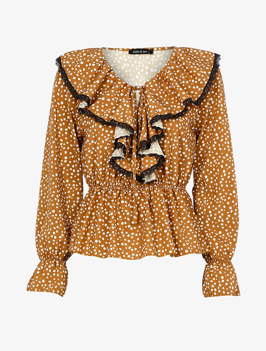 Blouse à jabot imprimé à pois - Camel - 1