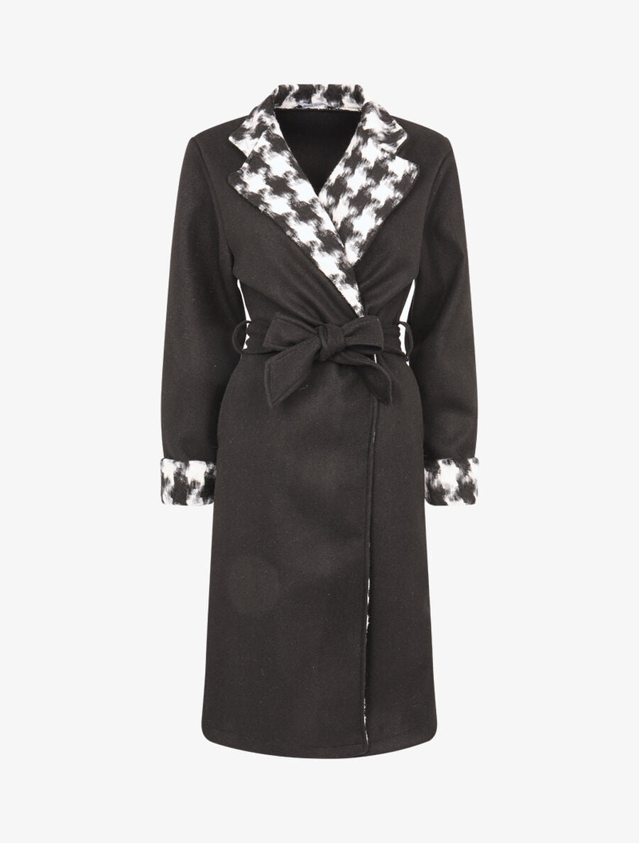 Veste longue à revers imprimé pied de poule - Noir - 1